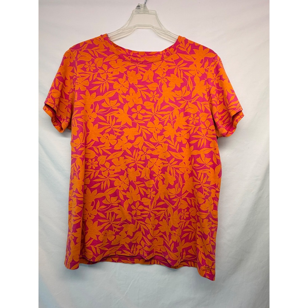 Lands End Womens Pink Orange Floral Cotton Short Sleeve T-Shirt Medium 10-12